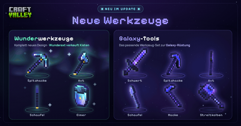 ⛏️ Neue Werkzeuge auf CraftValley – Wunderwerkzeuge & Galaxy-Tools!